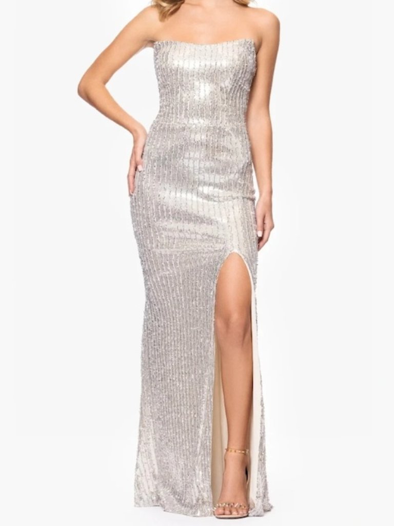 Betsy & Adam Silver Nude Champagne Beaded Sequin Strapless Gown